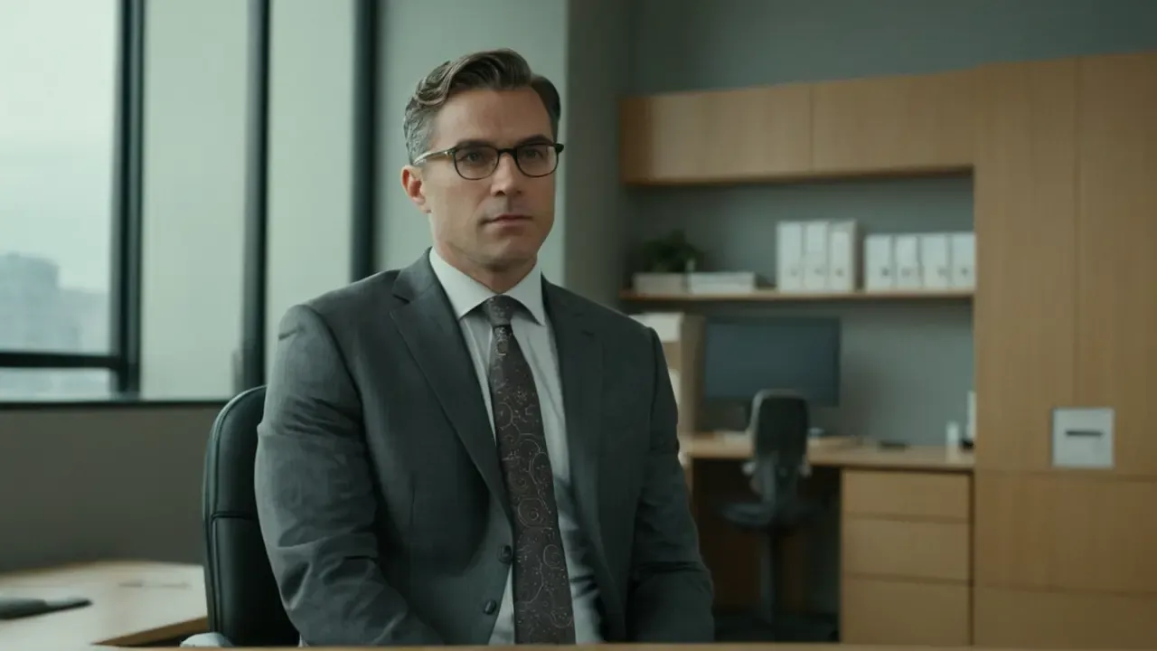 Hier ist eine kurze Antwort:Grauer Büroraum, konzentrierter Mann