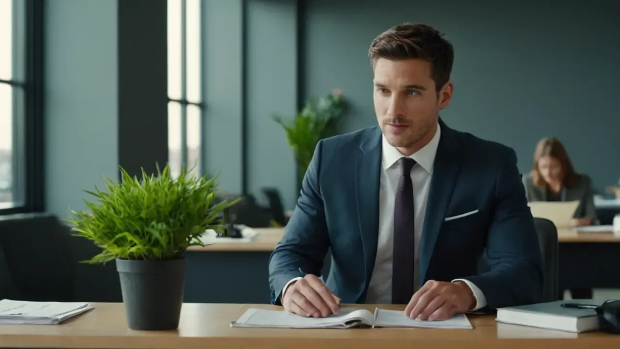 Hier ist eine mögliche Antwort:Ein Büro: Licht, Arbeit, Details