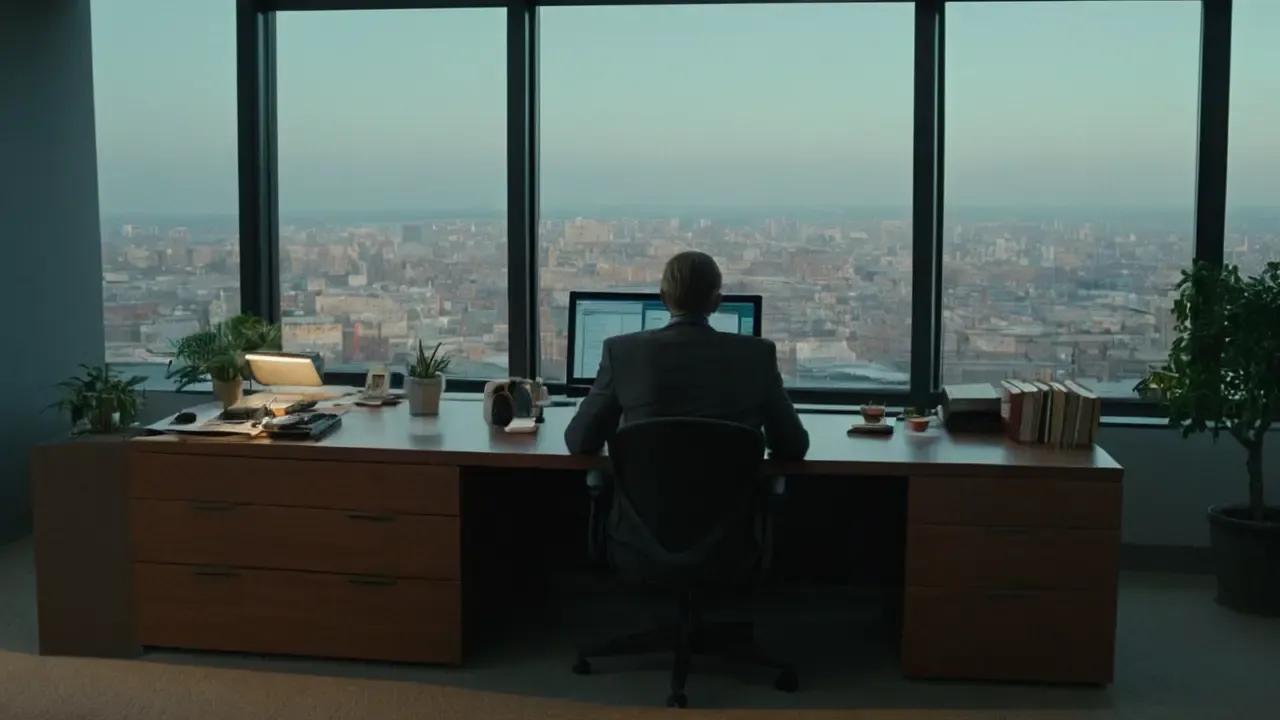 Hier ist die kurze Phrase:Ruhevolles Büro, gedämpftes Licht, Details