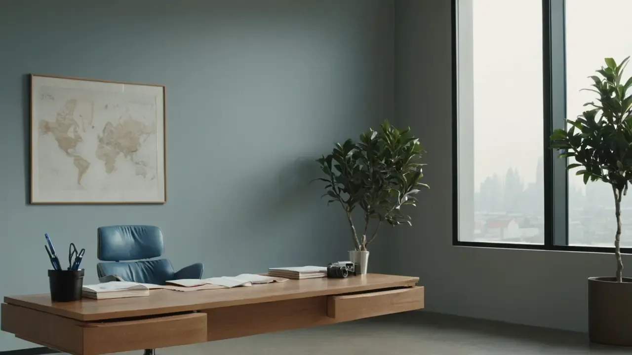 Hier ist eine mögliche kurze Phrase:Ruhevolles, modernes Büro mit Licht