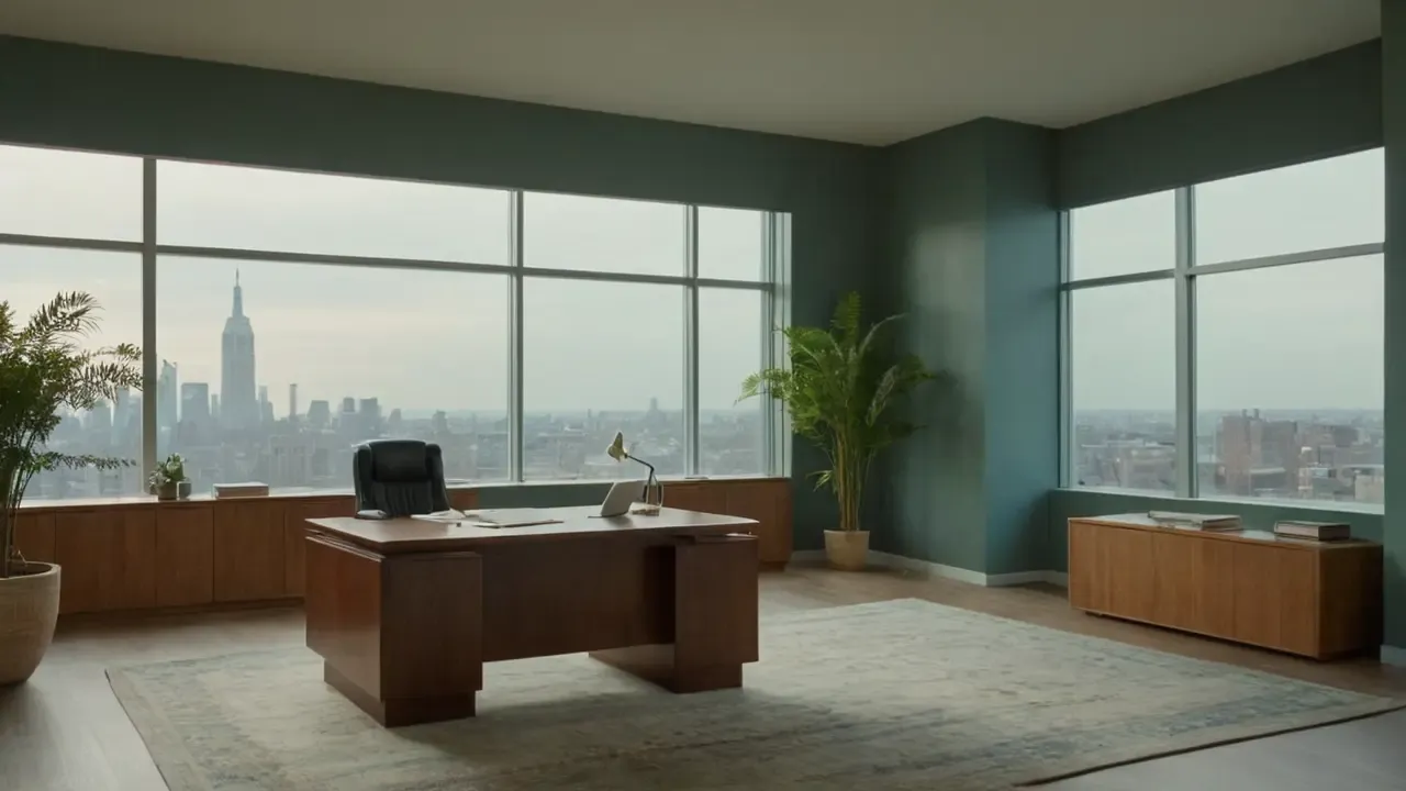 Hier ist eine mögliche Antwort:Ruhevolles Büro, Licht, Ordnung, Details