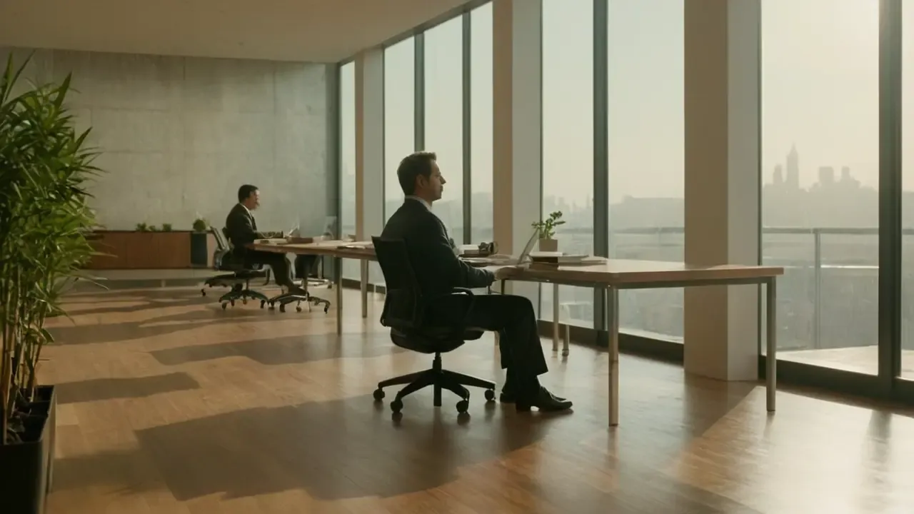 Hier ist eine mögliche Antwort:“Ruhevolles Büro mit gedämpfter Atmosphäre.”