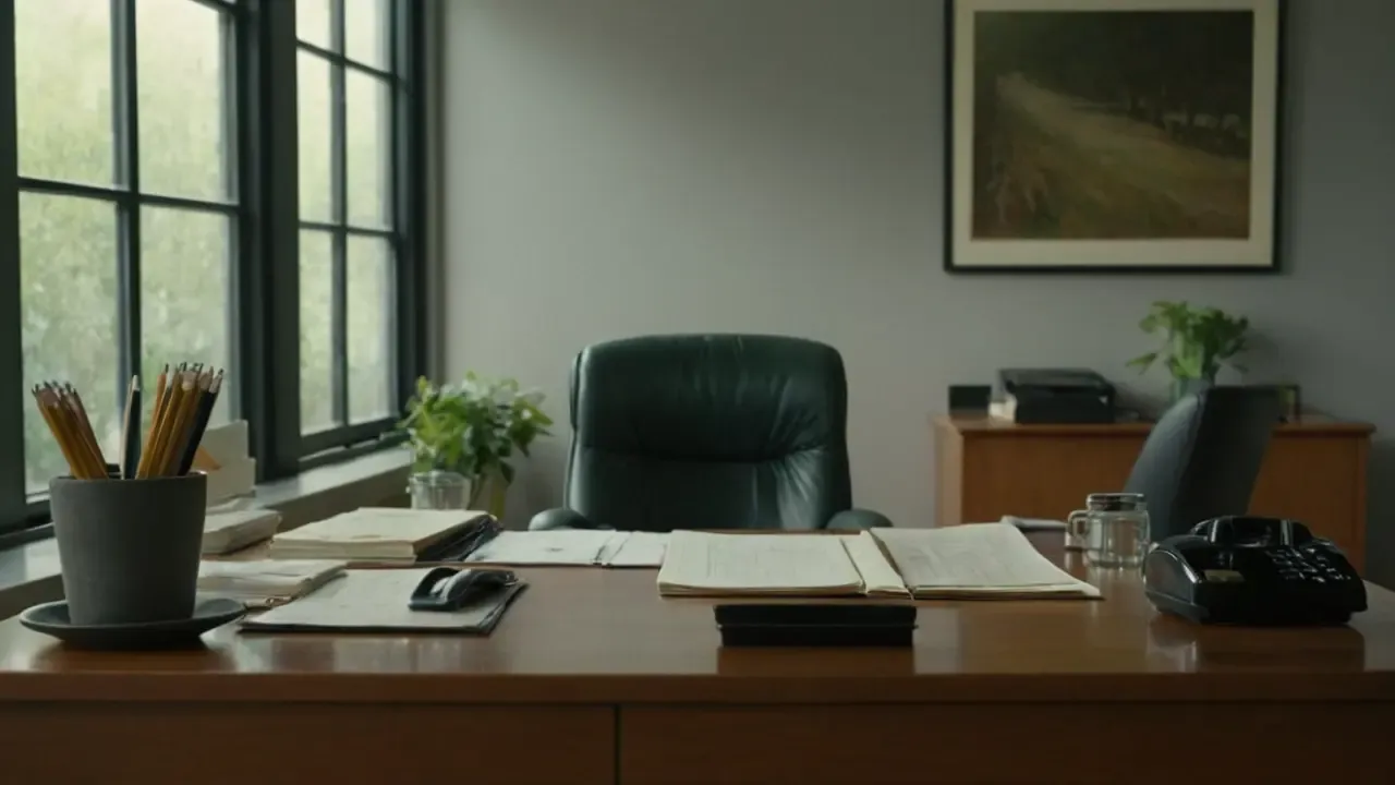 Hier ist die kurze Antwort:Ruhevolles Büro, sanftes Licht, Fokus