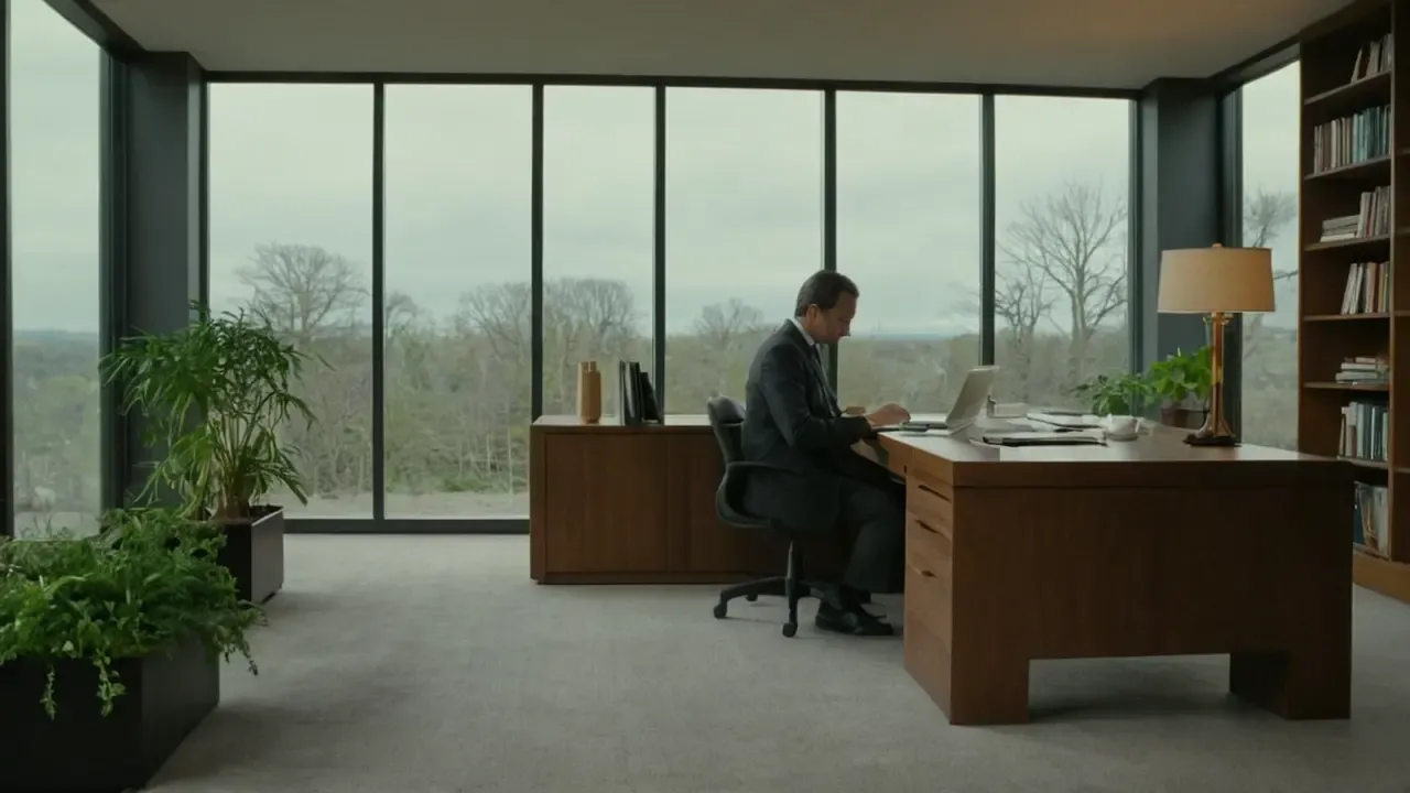 Hier ist eine kurze Phrase:Realistisches Büro, ruhige Atmosphäre, fokussierter Blick