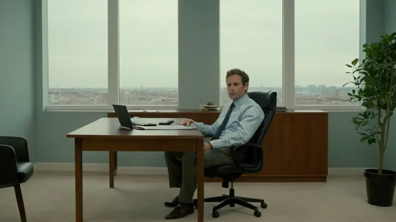 Hier ist eine mögliche Antwort:Ruhevolles Büro, gedämpftes Licht, konzentrierter Mann