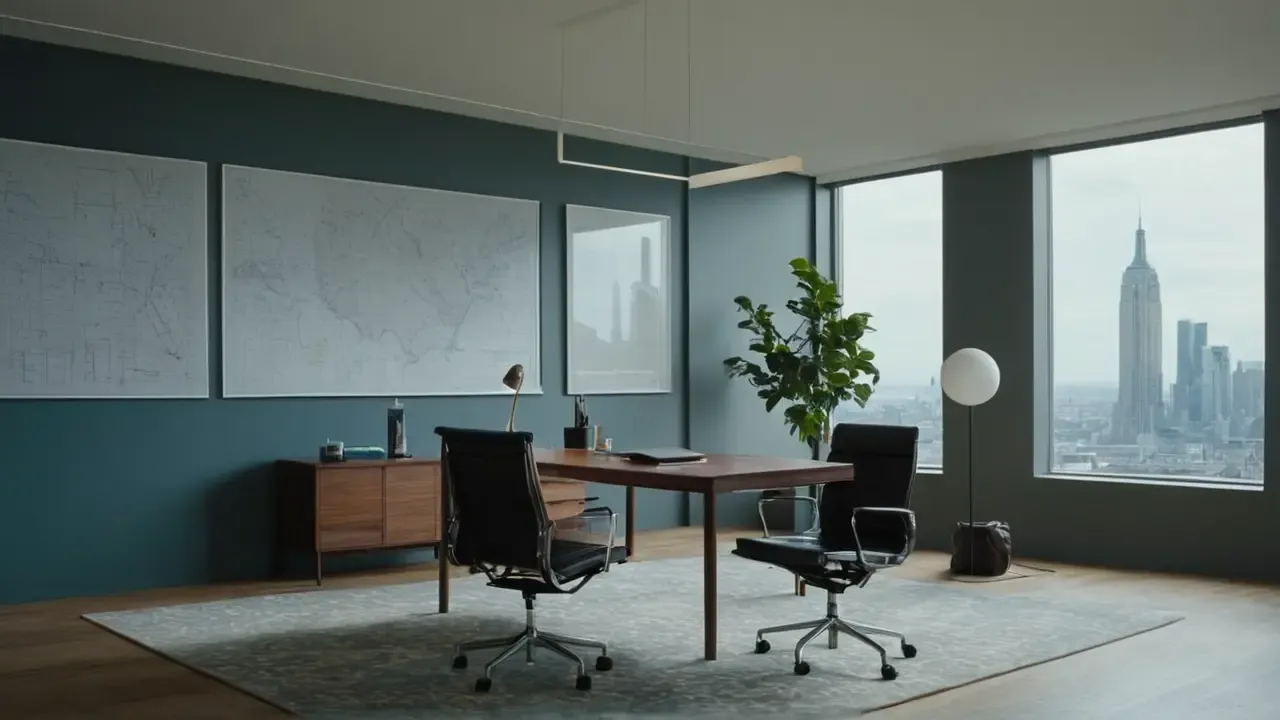 Hier ist die Beschreibung in einem kurzen Satz:Moderne Büro: Licht, Fokus und Ruhe