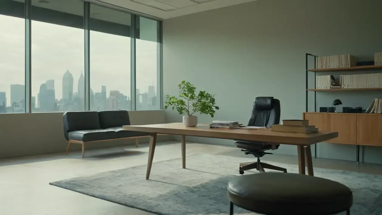 Hier ist die Antwort:Modernes Büro, sanftes Licht, Ruhe