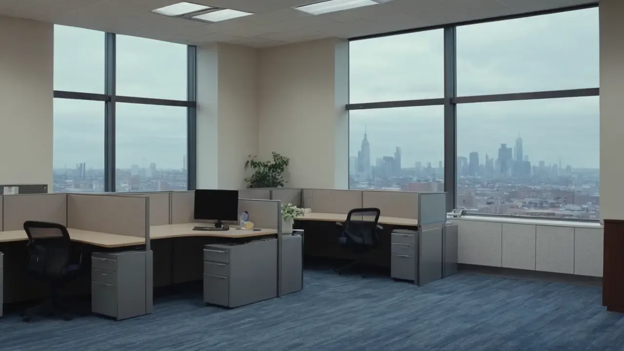 Hier ist eine kurze Antwort:Tristes Büro, gedämpft und leer