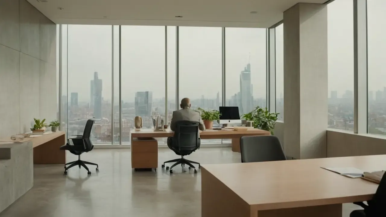 Hier ist eine mögliche Antwort:“Modernes Büro: Ruhe und Spiegelung.”