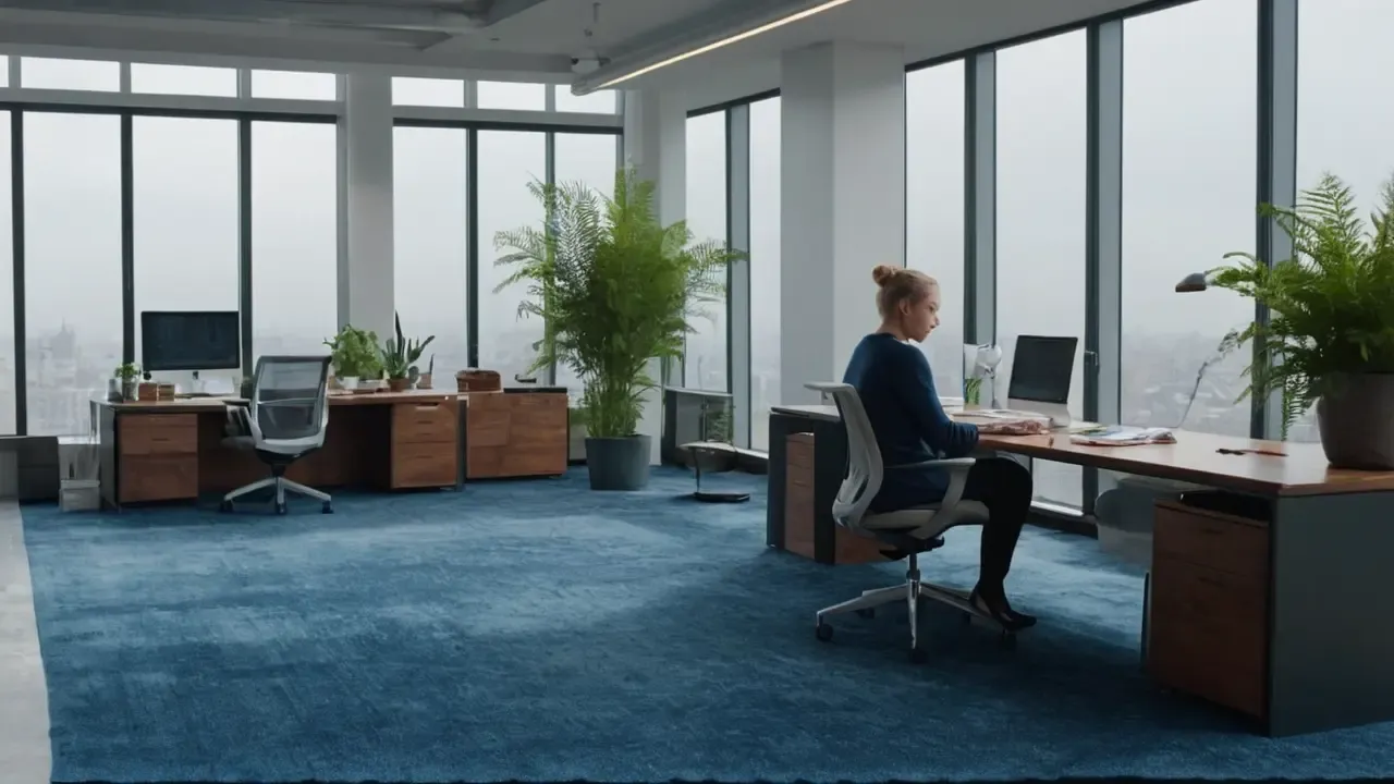 Hier ist eine Möglichkeit:Helles Büro, Konzentration, Ruhe. (Traducción: Espacio de oficina brillante, concentración, calma.)