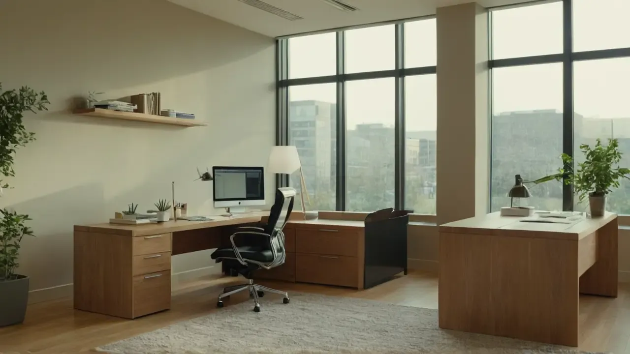 Hier ist eine mögliche Antwort:Ruhevolles Büro mit Licht und Fokus