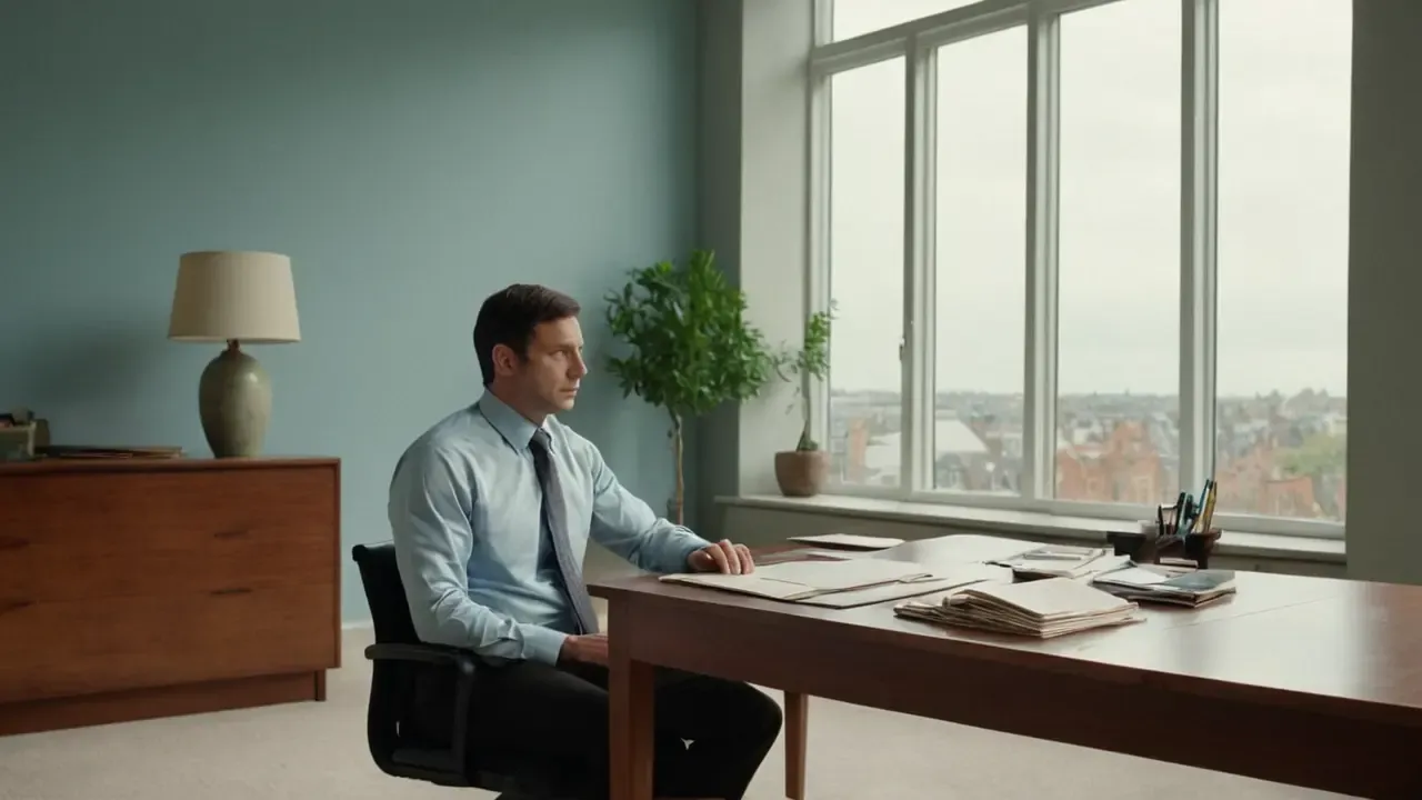 Hier ist eine mögliche Antwort:“Ruhevolles Büro, Licht und Schatten.”