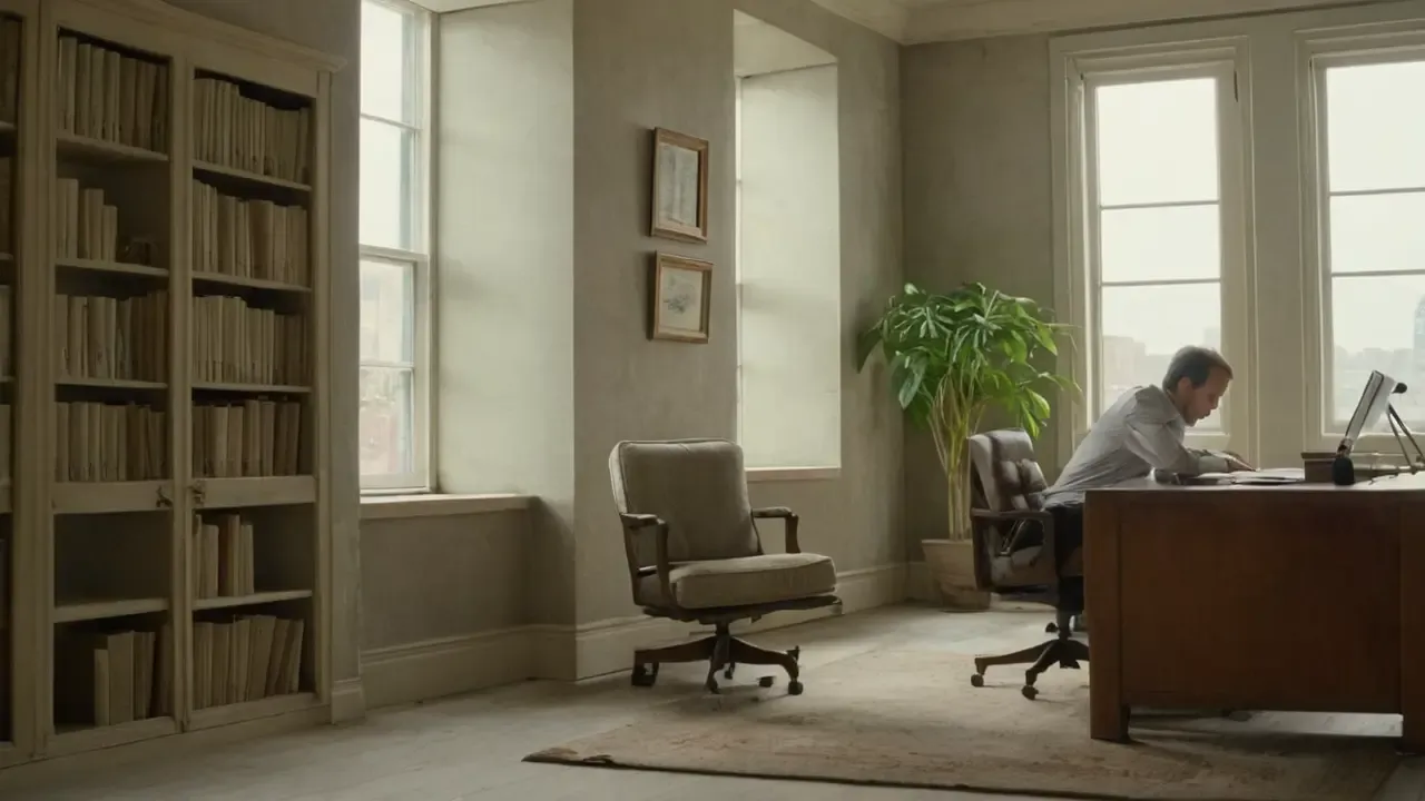 Hier ist die Antwort:„Ruhe, Licht, Büro, Fokus.“(Traducción: Tranquilidad, luz, oficina, enfoque.)