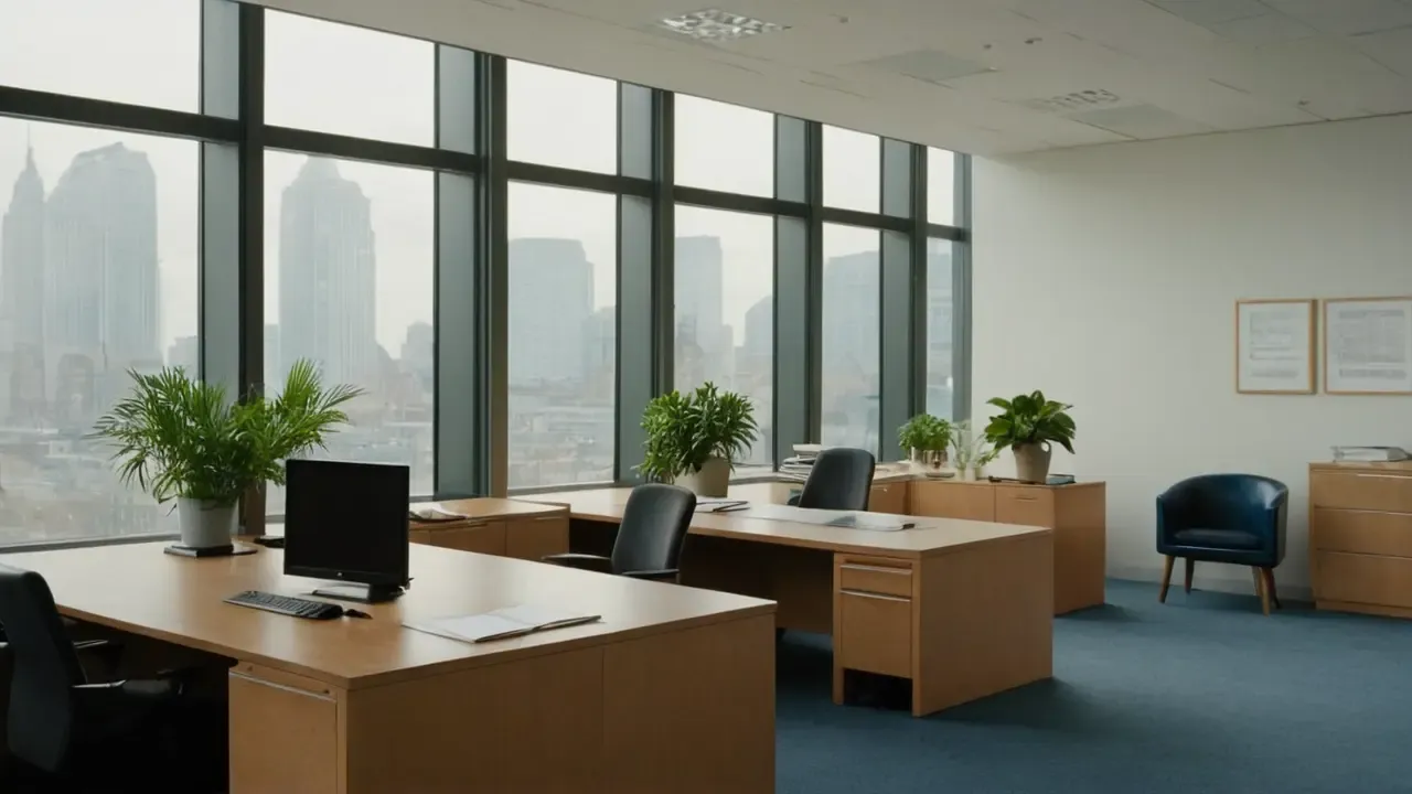 Hier ist eine mögliche Antwort:Professionelle Büroatmosphäre, gedämpft und detailliert