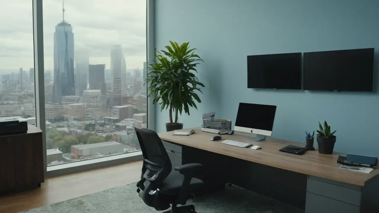 Hier ist eine mögliche kurze Phrase:Moderne Büroräume, ruhige Atmosphäre, Licht