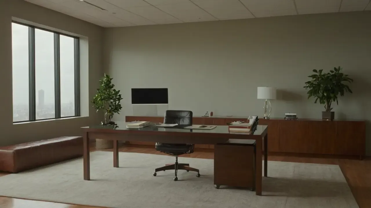 Hier ist eine Option:“Ruhevoller, gedämpfter Büroraum.” (Traducción: Espacio de oficina tranquilo y apagado.)